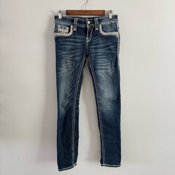 Rock Revival | Womens Yadra Straight Stretch Jean Dark Wash Embellished Denim 26 - Picture 2 of 10